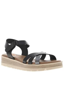 Nu-pieds en cuir noirs avec bande auto-agrippante et un talon compensé bas