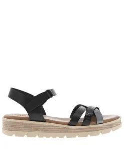 Nu-pieds en cuir noirs avec bande auto-agrippante et un talon compensé bas