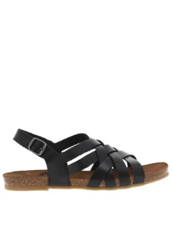 Nu-pieds en cuir noir à semelle ergonomique plate et bande auto-agrippante