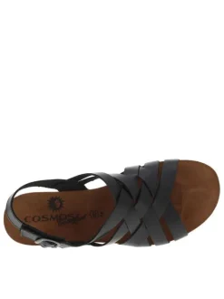 Nu-pieds en cuir noir à semelle ergonomique plate et bande auto-agrippante