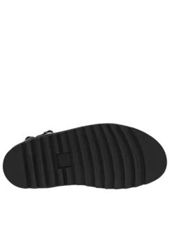 Nu-pieds en cuir noir à semelle semi-compensée, zip frontal et boucle à ardillon
