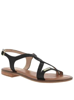 Nu-pieds en cuir noir à semelle à talon décroché bas avec un aspect brillant