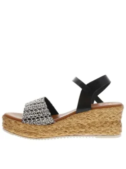 Nu-pieds en cuir noir à sequins, semelle compensée et boucle à ardillon