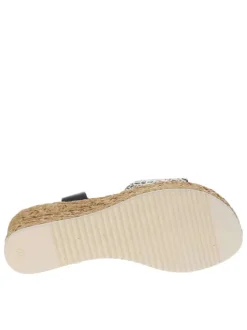 Nu-pieds en cuir noir à sequins, semelle compensée et boucle à ardillon
