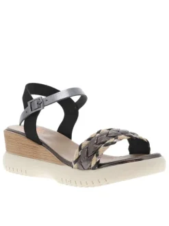 Nu-pieds en cuir noirs et beiges à talon compensé avec boucle à ardillon