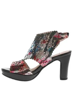 Nu-pieds en cuir noirs à talon décroché haut et à motif floral multicolore