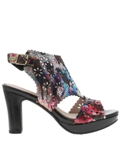 Nu-pieds en cuir noirs à talon décroché haut et à motif floral multicolore