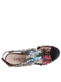 Nu-pieds en cuir noirs à talon décroché haut et à motif floral multicolore