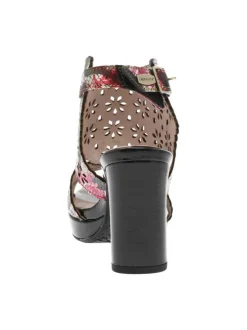 Nu-pieds en cuir noirs à talon décroché haut et à motif floral multicolore