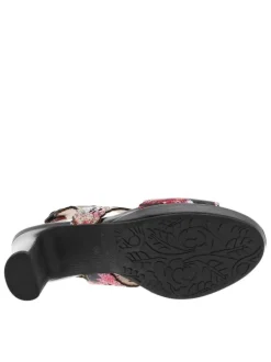 Nu-pieds en cuir noirs à talon décroché haut et à motif floral multicolore