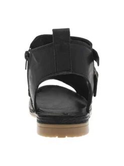 Nu-pieds en cuir noir à talon plat et à boucle à ardillon dorée