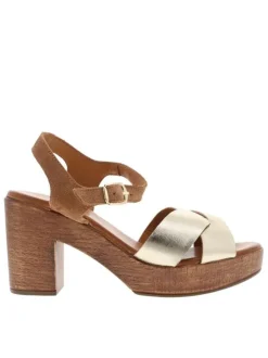 Nu-pieds en cuir noisette à semelle décrochée haute et à boucle à ardillon