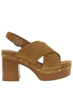 Nu-pieds en cuir nubuck caramel à talon décroché haut et boucle à ardillon
