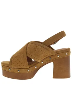 Nu-pieds en cuir nubuck caramel à talon décroché haut et boucle à ardillon