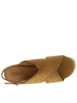 Nu-pieds en cuir nubuck caramel à talon décroché haut et boucle à ardillon