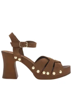 Nu-pieds en cuir nubuck marron avec un talon décroché haut et boucle à ardillon
