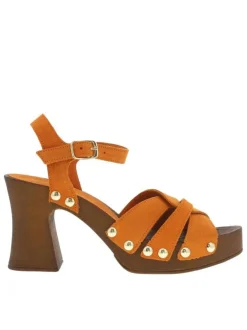 Nu-pieds en cuir nubuck orange avec boucle à ardillon et talon décroché haut