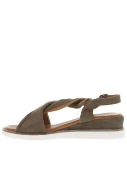 Nu-pieds en cuir nubuck taupe avec boucle à ardillon et talon semi-compensée
