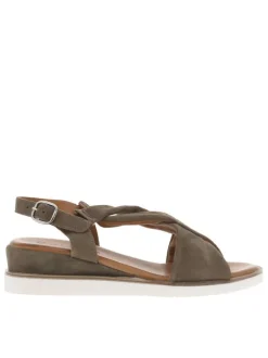 Nu-pieds en cuir nubuck taupe avec boucle à ardillon et talon semi-compensée
