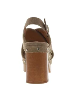 Nu-pieds en cuir nubuck taupe à talon décroché haut et boucle à ardillon