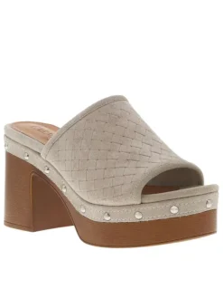 Nu-pieds en cuir nubuck tressé blanc cassé à semelle aspect boisé et talon haut