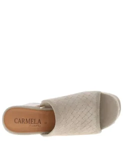 Nu-pieds en cuir nubuck tressé blanc cassé à semelle aspect boisé et talon haut