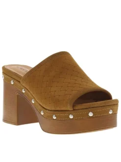 Nu-pieds en cuir nubuck tressé caramel à semelle aspect boisé et talon haut