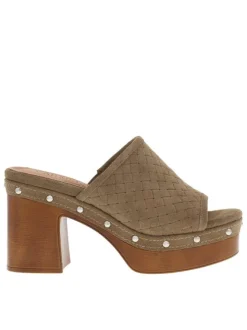 Nu-pieds en cuir nubuck tressé taupe à semelle aspect boisé et talon bloc haut