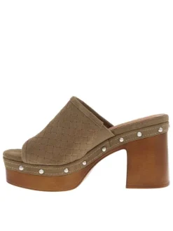 Nu-pieds en cuir nubuck tressé taupe à semelle aspect boisé et talon bloc haut