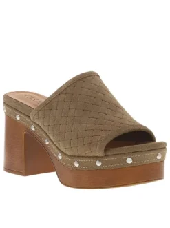 Nu-pieds en cuir nubuck tressé taupe à semelle aspect boisé et talon bloc haut