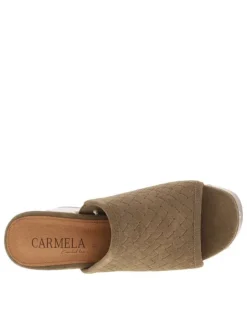 Nu-pieds en cuir nubuck tressé taupe à semelle aspect boisé et talon bloc haut