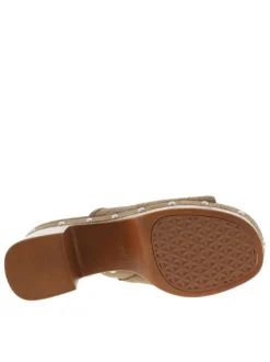 Nu-pieds en cuir nubuck tressé taupe à semelle aspect boisé et talon bloc haut