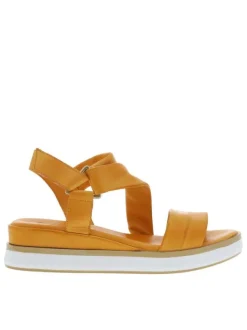 Nu-pieds en cuir orange avec talon semi-compensée et bande auto-agrippante