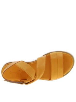 Nu-pieds en cuir orange avec talon semi-compensée et bande auto-agrippante