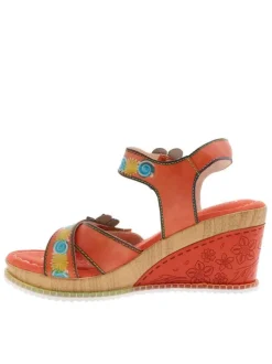 Nu-pieds en cuir orange à semelle compensé et à bandes auto-agrippantes