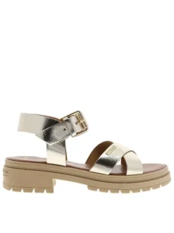 Nu-pieds en cuir or à semelle décrochée bas et à boucle à ardillon