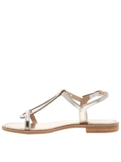 Nu-pieds en cuir or à semelle plat et une fermeture à boucle à ardillon
