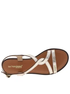 Nu-pieds en cuir or à semelle à talon décroché bas et avec une boucle à ardillon