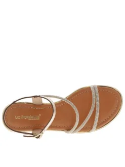 Nu-pieds en cuir platines à minis strass argentés et à talon décroché bas