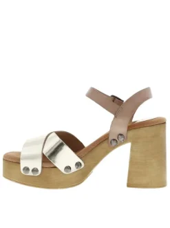 Nu-pieds en cuir platine style sabot avec un talon décroché haut