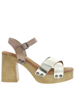 Nu-pieds en cuir platine style sabot avec un talon décroché haut