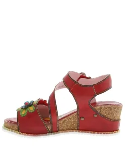 Nu-pieds en cuir rouge à semelle compensé et à bandes auto-agrippantes