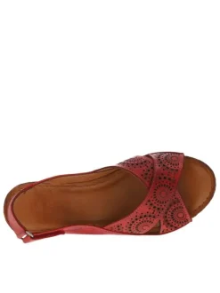 Nu-pieds en cuir rouge à talon compensé haut et à bande auto-agrippante