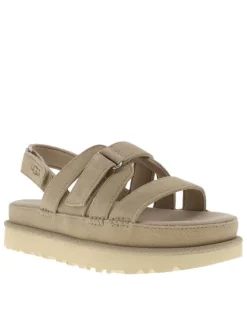 Nu-pieds en cuir sable à semelle compensé et à bande auto-agrippante