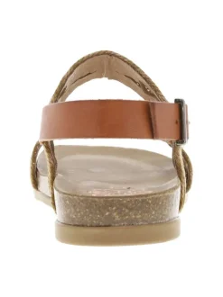 Nu-pieds en cuir sable à semelle marron plate avec à boucle à ardillon et strass