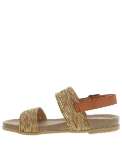 Nu-pieds en cuir sable à semelle marron plate avec à boucle à ardillon et strass