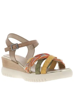Nu-pieds en cuir taupe à talon compensé avec lanières multicolores