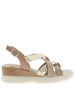 Nu-pieds en cuir taupe à talon compensé avec semelle crantée et lanières dorées