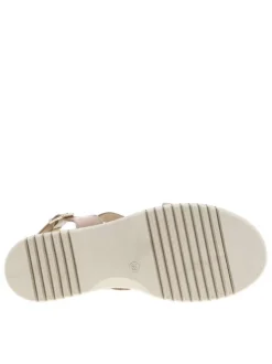 Nu-pieds en cuir taupe à talon compensé avec semelle crantée et lanières dorées