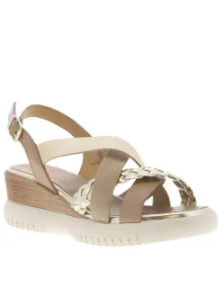 Nu-pieds en cuir taupe à talon compensé avec semelle crantée et lanières dorées